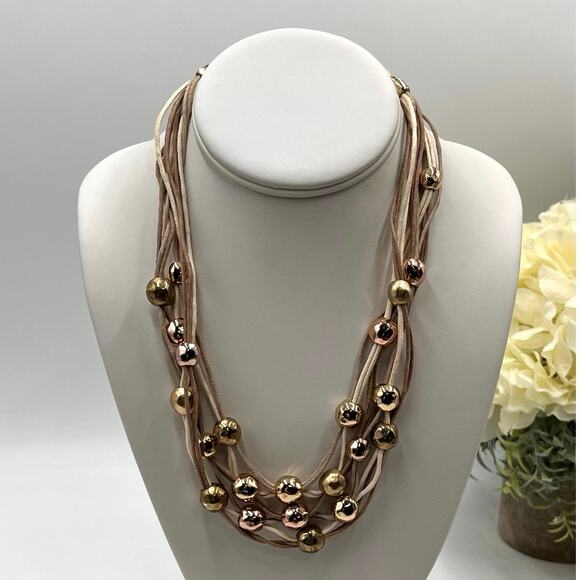 St. Thomas Mixed Metal Multi Strand Beaded Silk Cord Statement Necklace - Picture 1 of 10